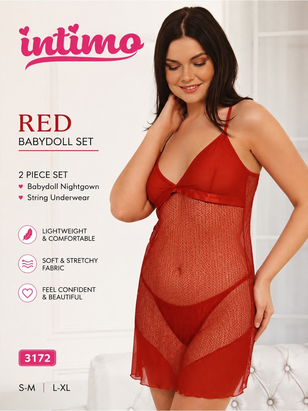 Intimo Red Babydoll Lingerie Set 2-Piece New With Tags Size M-L